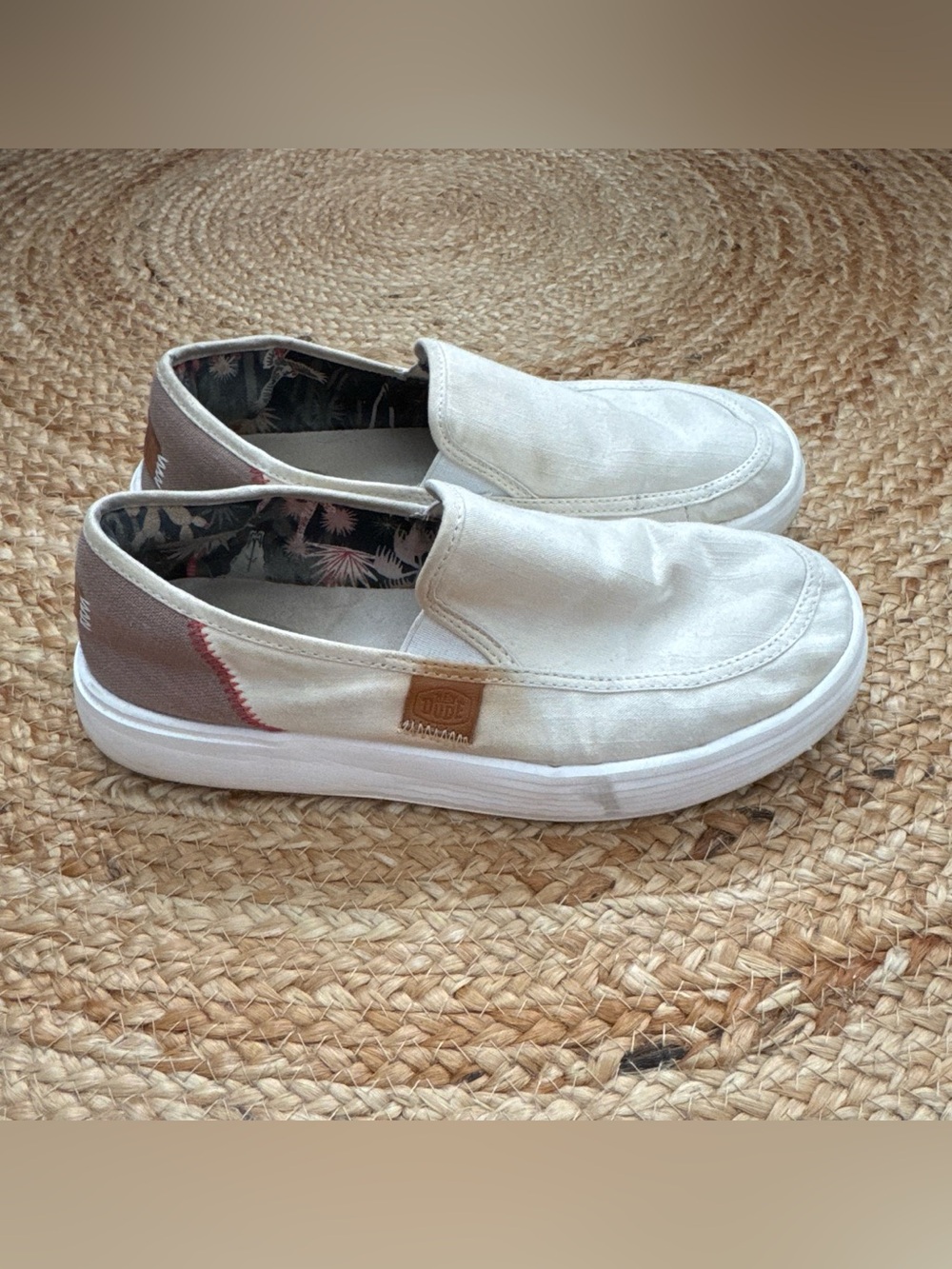 Hey Dude White Slip-On Sneakers with Brown Heel Accent